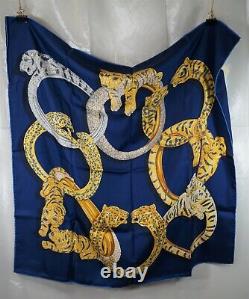 NIB Panthere de Cartier Royal Blue Silk Jeweled Panther Scarf Foulard